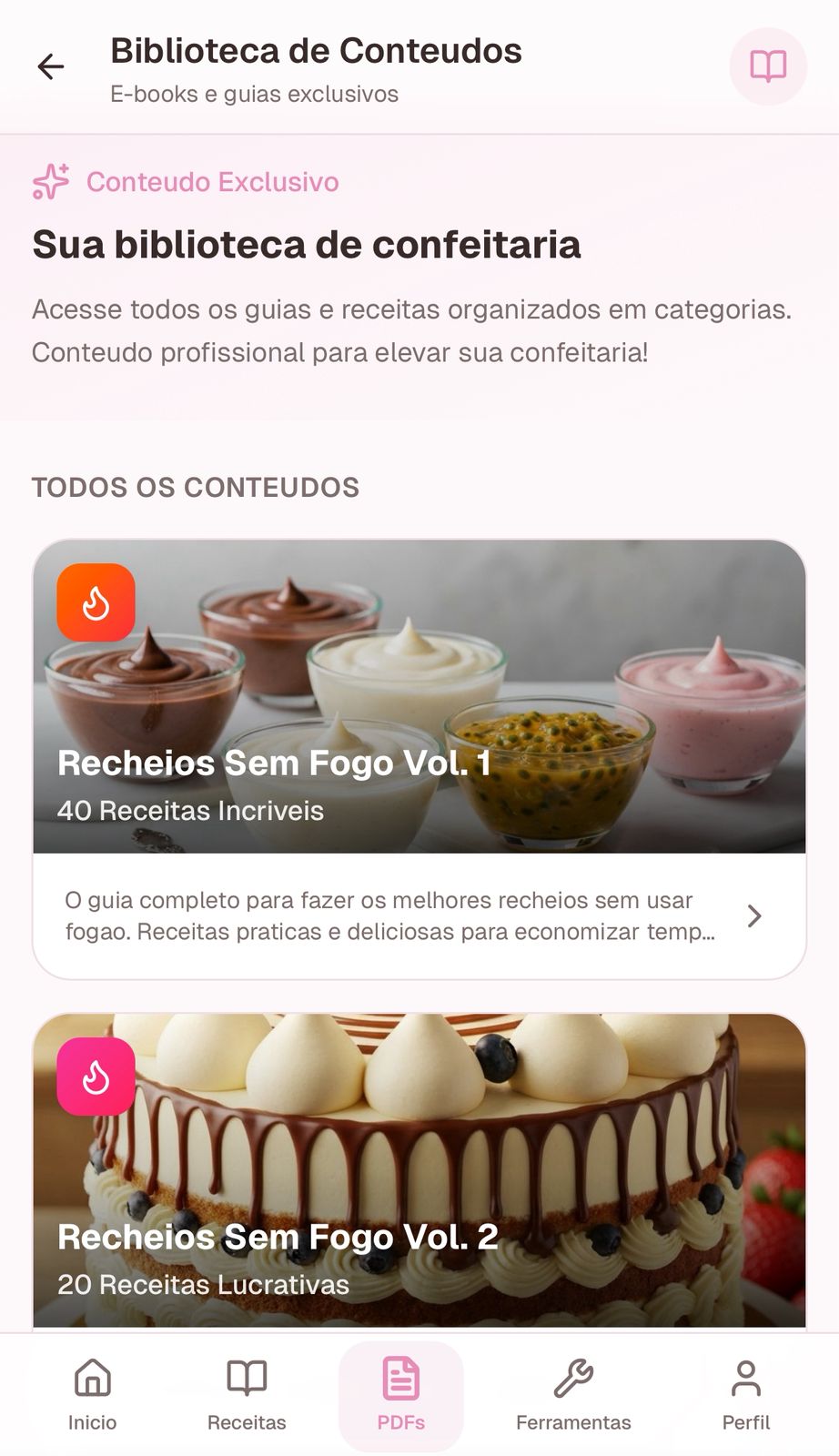 App Biblioteca da Confeitaria - Tela de conteudos exclusivos
